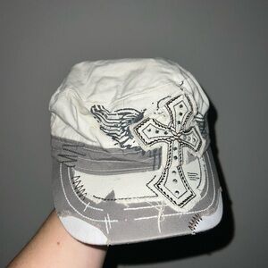 Y2K White and Gray Cap with Cross Design